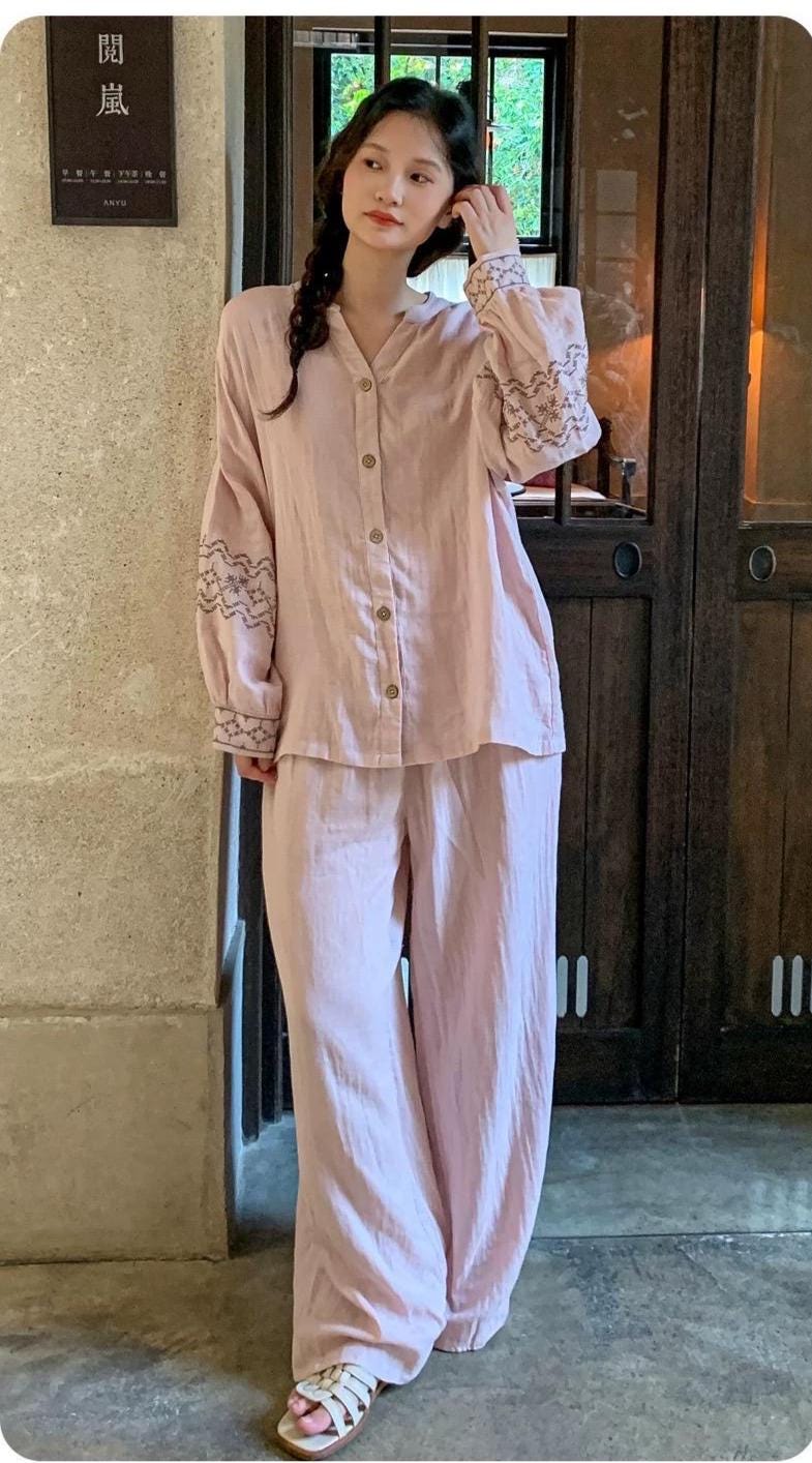 Muslin Cotton Pajama Set | Embroidered Sleeve, Gauze Loungewear