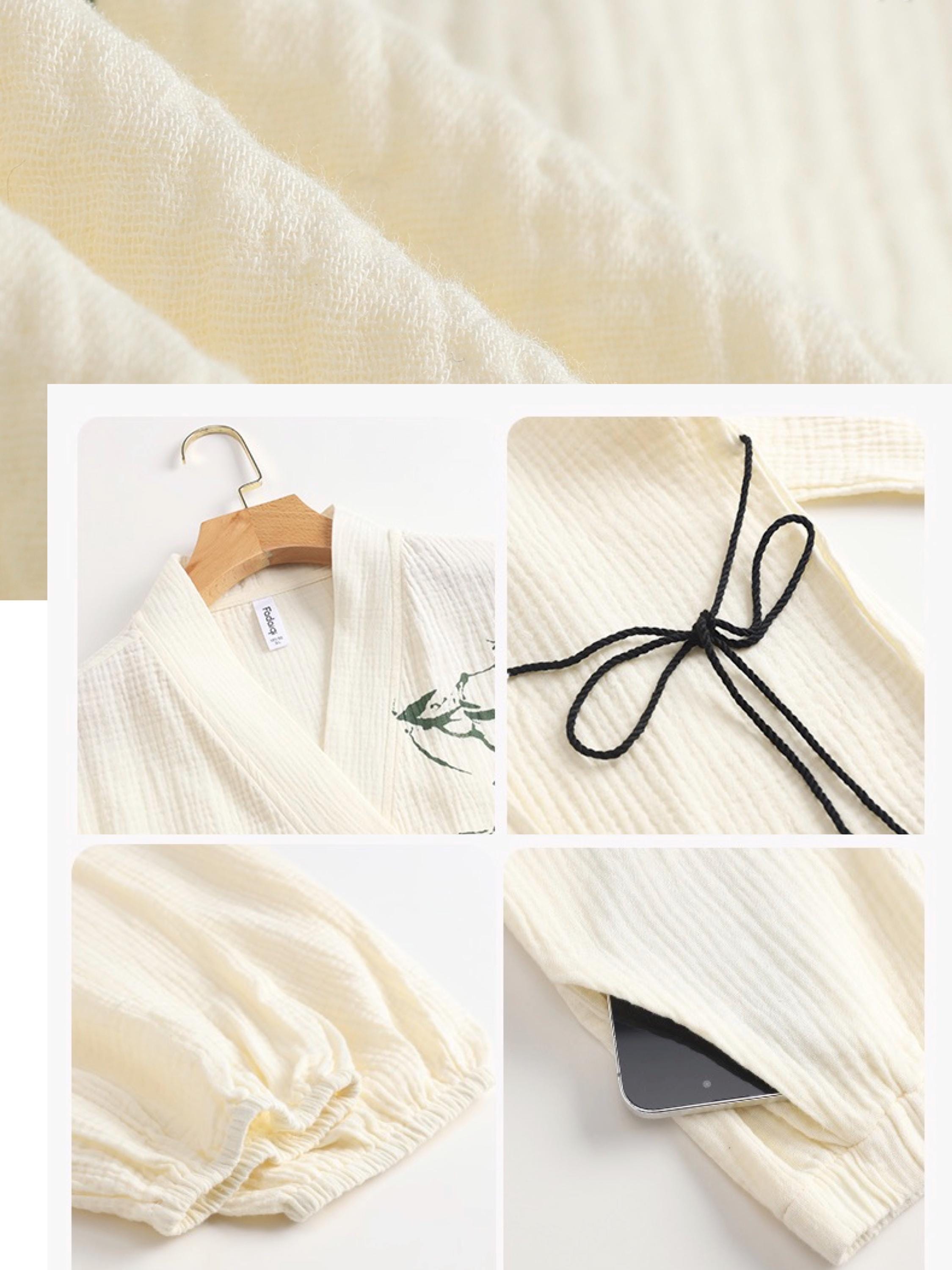 Bamboo Embroidered Gauze Cotton Pajama Set - Kimono Loungewear