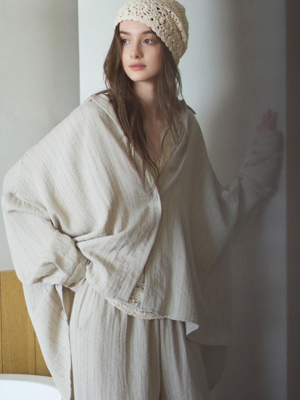 Beige Cotton Loungewear Set: Women's Button-Down Pajamas