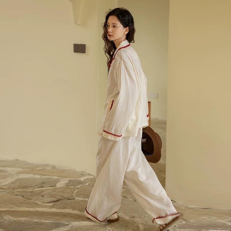 Cotton Gauze Pajama Set | Cream Loungewear with Red Trim
