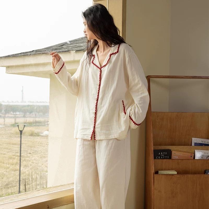 Cotton Gauze Pajama Set | Cream Loungewear with Red Trim