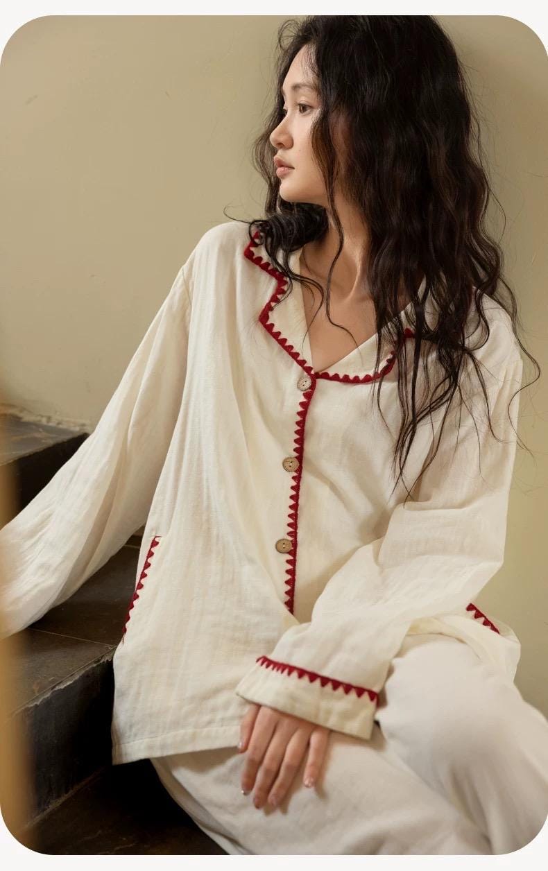 Cotton Gauze Pajama Set | Cream Loungewear with Red Trim