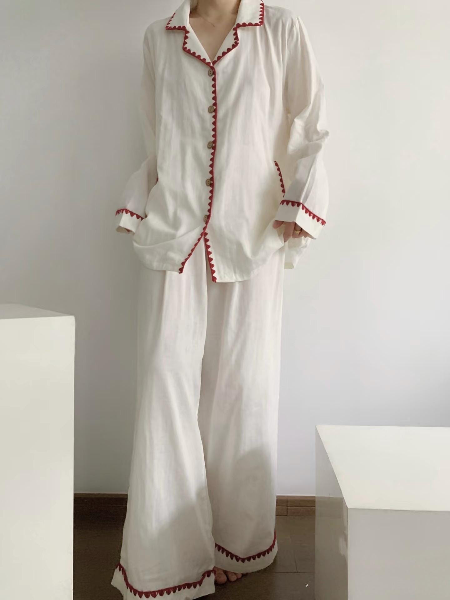 Cotton Gauze Pajama Set | Cream Loungewear with Red Trim