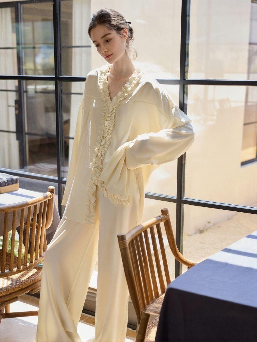 Creamy Yellow Cotton Loungewear Set: Relaxed Fit, Two Collar Styles Pajamas for Winter