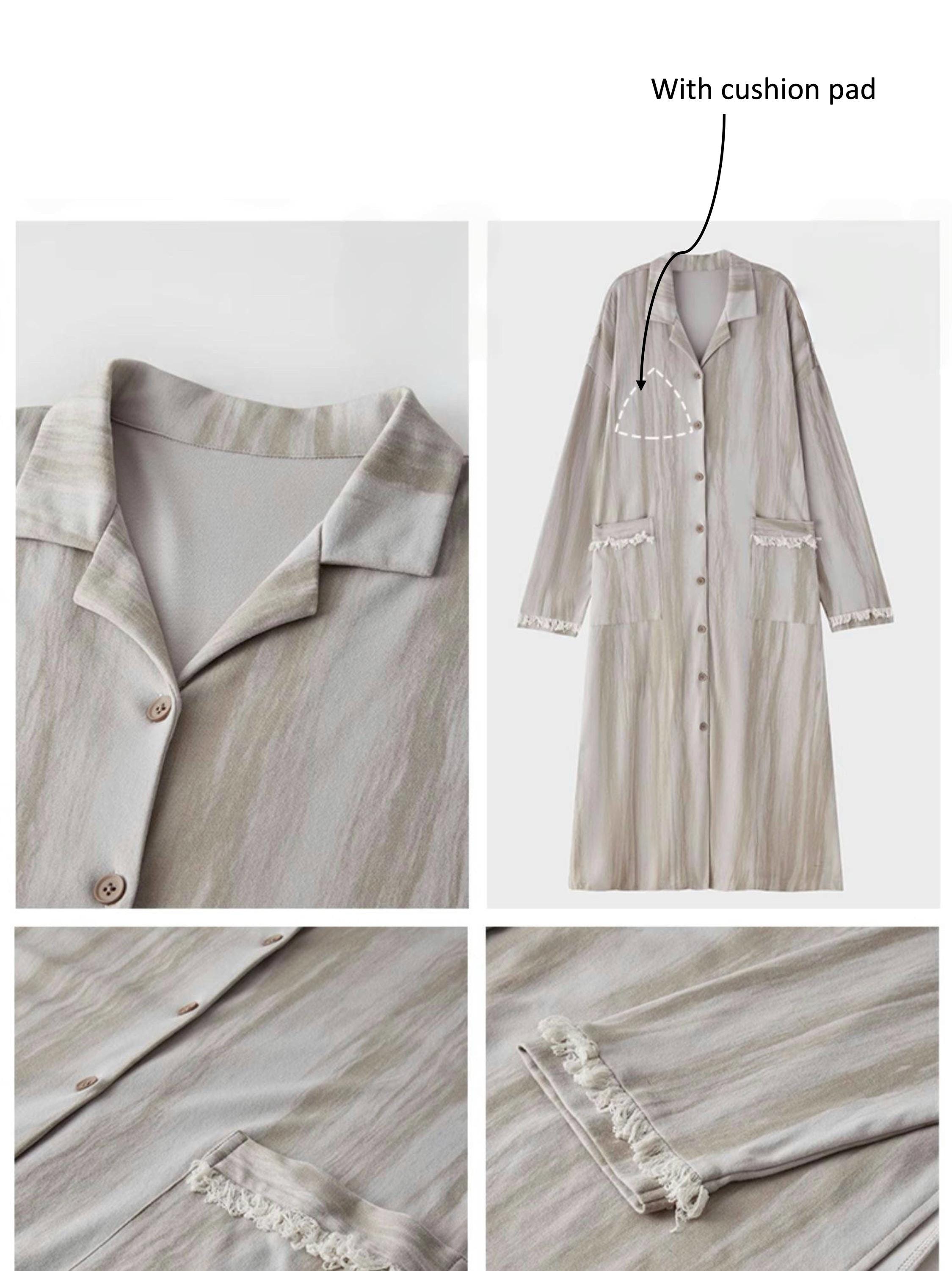 Neutral Long Robe Dress for Women | Soft Cotton Loungewear with Frayed Cuffs | Relaxed Homewear | Elegant Minimalist Gift