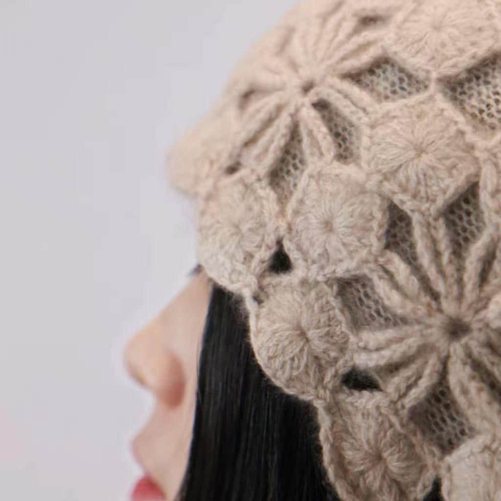 Hand Knit Cashmere-Wool Beanie for Women, Double-Layer Crochet Lace Hat, Soft Warm Winter Cap, Gift for Her, Christmas Present