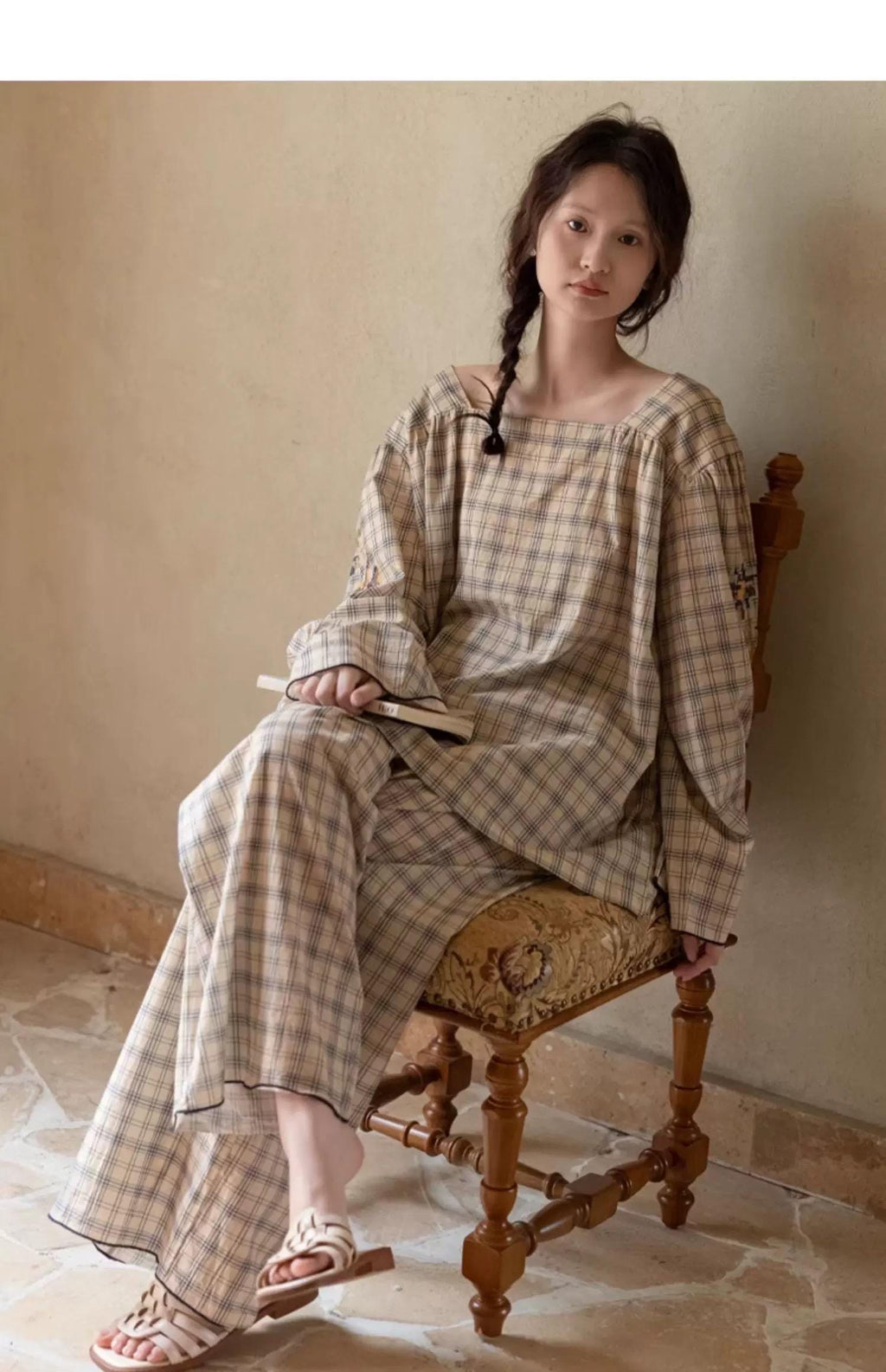 Bamboo Cotton Pajama Set for Women | Embroidered Loungewear | Soft Plaid Sleepwear with Pockets