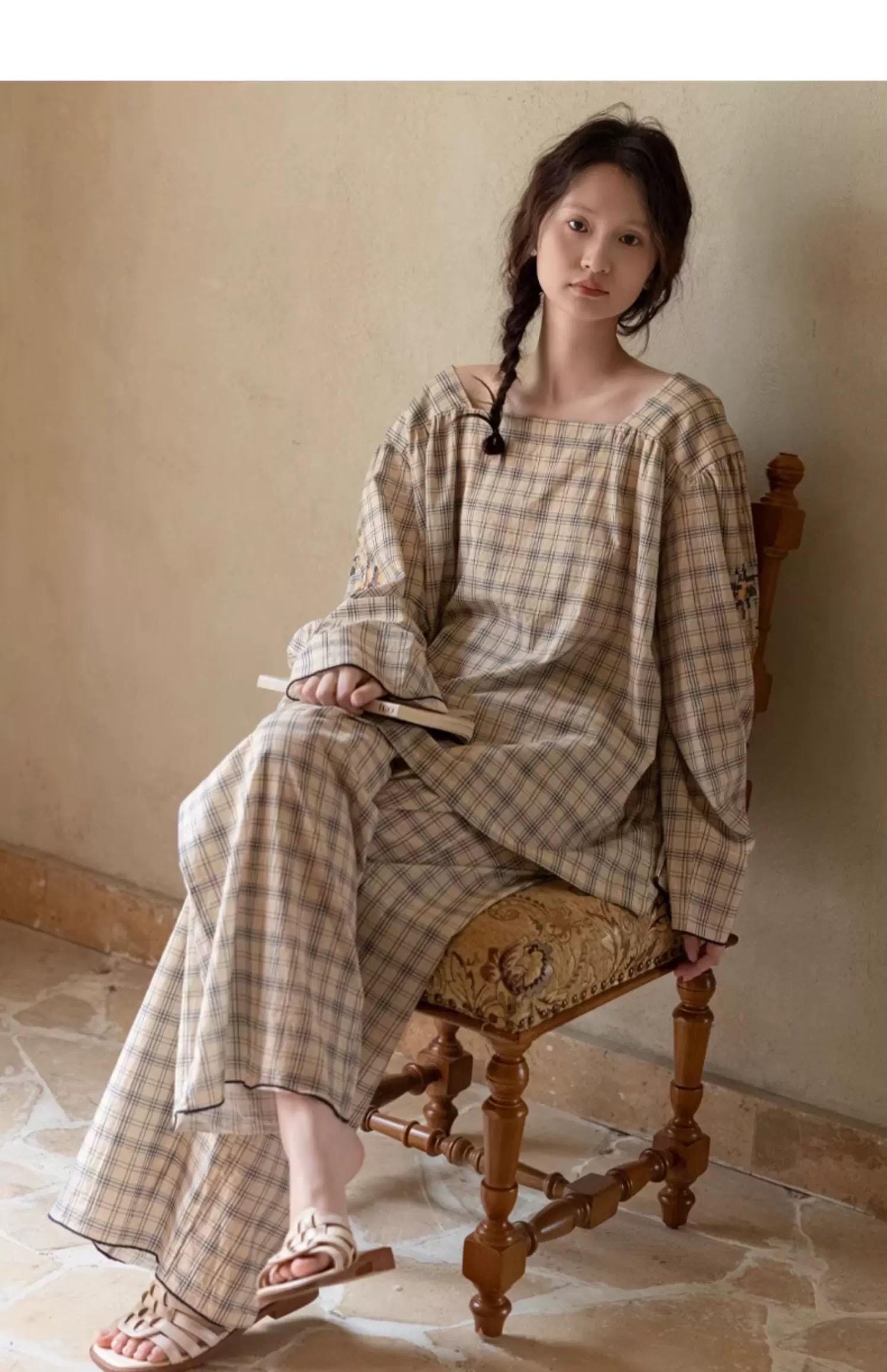 Bamboo Cotton Pajama Set for Women | Embroidered Loungewear | Soft Plaid Sleepwear with Pockets