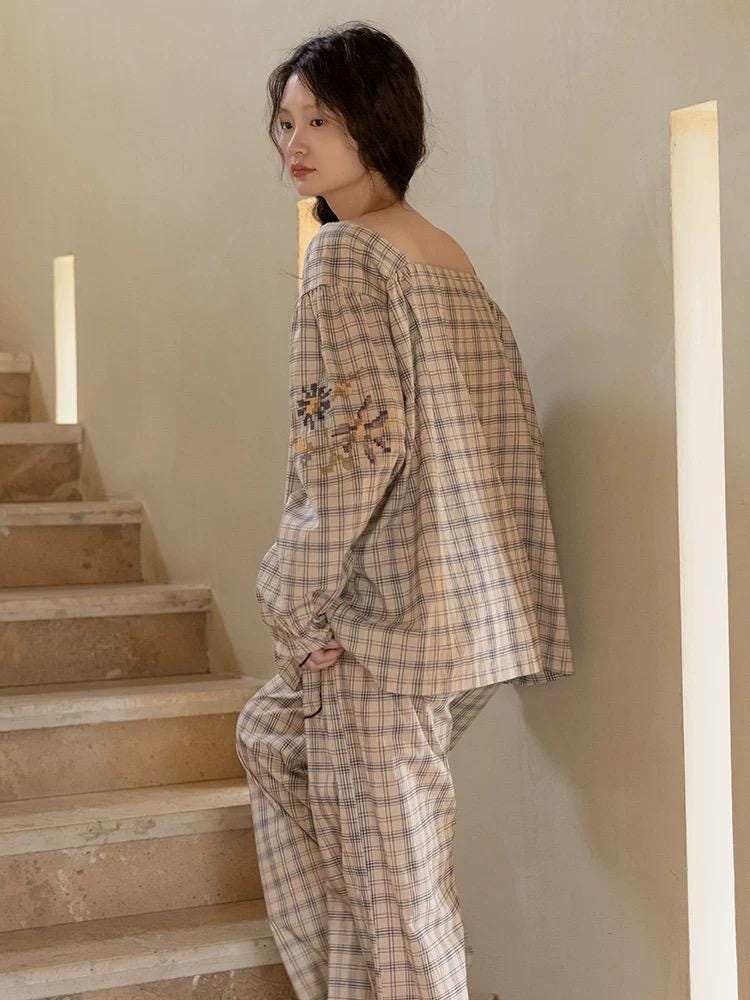 Bamboo Cotton Pajama Set for Women | Embroidered Loungewear | Soft Plaid Sleepwear with Pockets