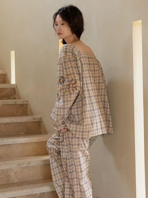 Bamboo Cotton Pajama Set for Women | Embroidered Loungewear | Soft Plaid Sleepwear with Pockets