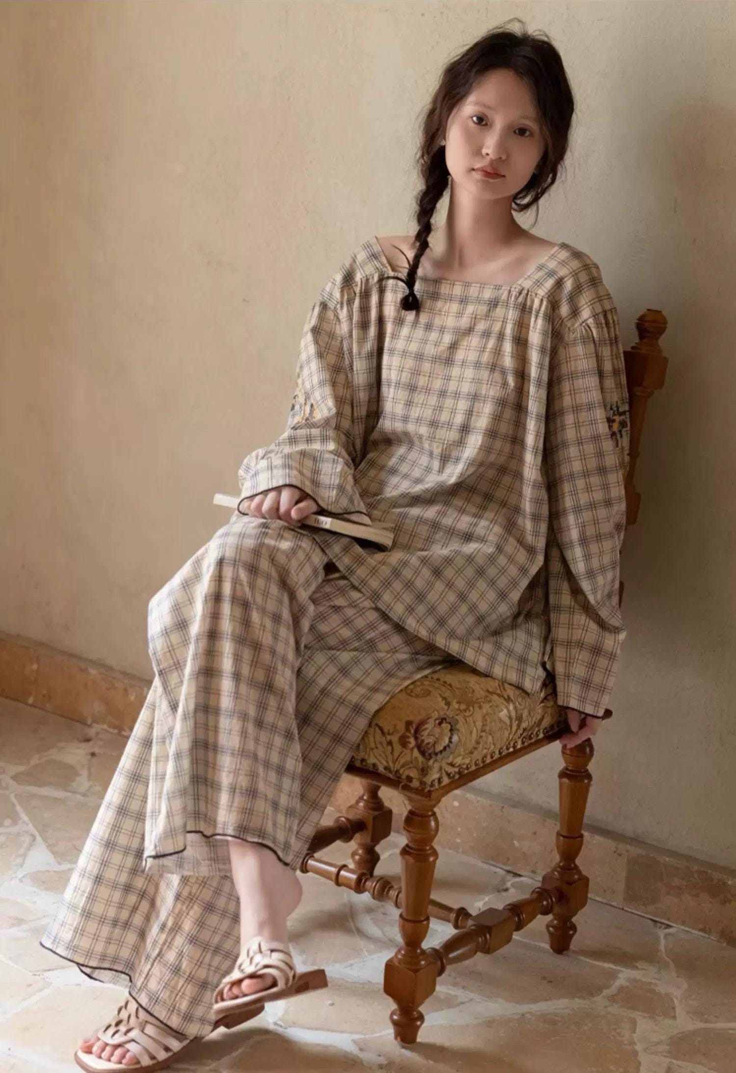 Bamboo Cotton Pajama Set for Women | Embroidered Loungewear | Soft Plaid Sleepwear with Pockets