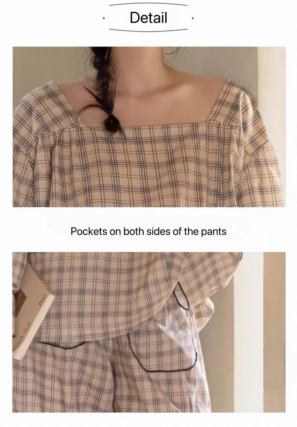 Bamboo Cotton Pajama Set for Women | Embroidered Loungewear | Soft Plaid Sleepwear with Pockets