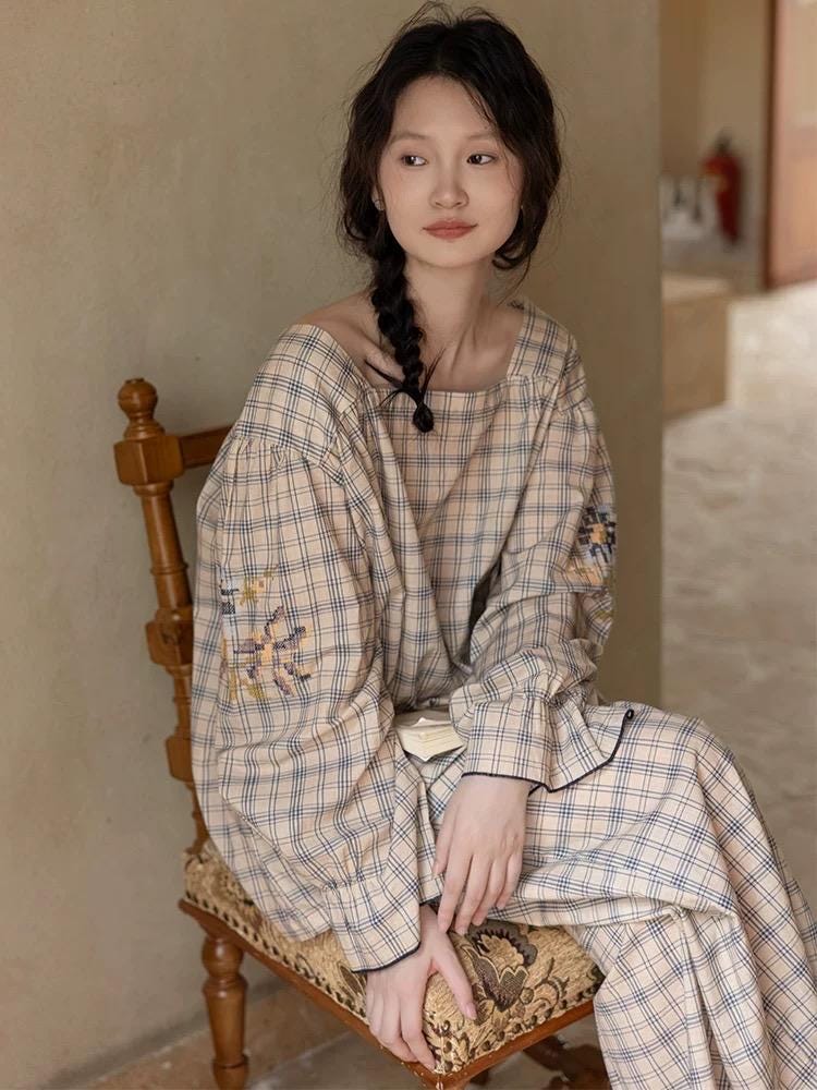 Bamboo Cotton Pajama Set for Women | Embroidered Loungewear | Soft Plaid Sleepwear with Pockets