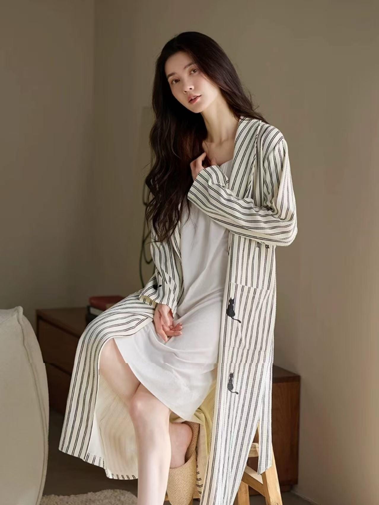 Striped Waffle Cotton Robe with Embroidered Kitten | Women’s Long Dressing Gown | Breathable Loungewear Gift for Her