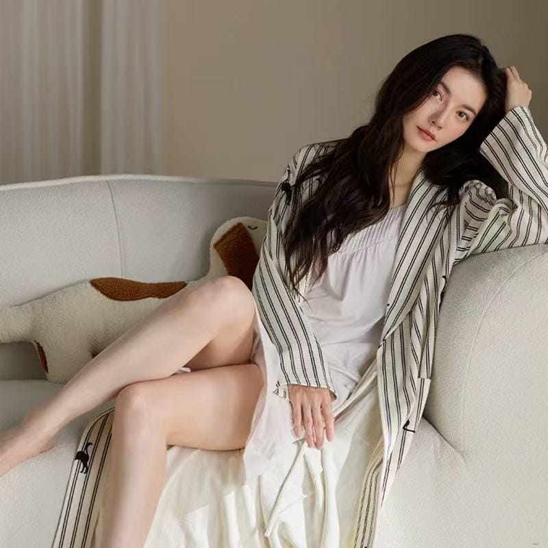 Striped Waffle Cotton Robe with Embroidered Kitten | Women’s Long Dressing Gown | Breathable Loungewear Gift for Her