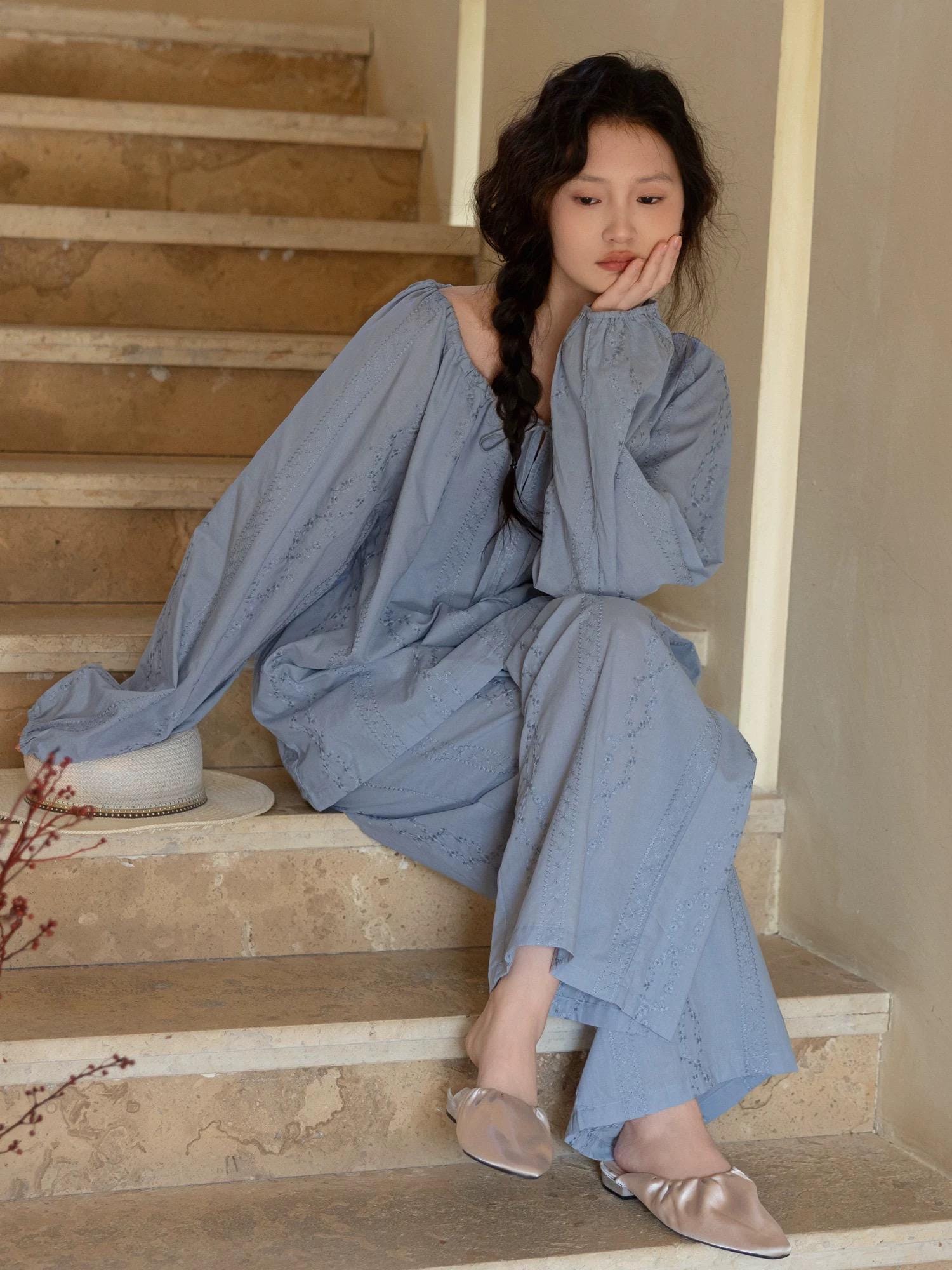 Bamboo Cotton Embroidered Pajama, Oversized Lounge-To-Street Loungewear, muslin pajamas, Christmas Gift Box Pack