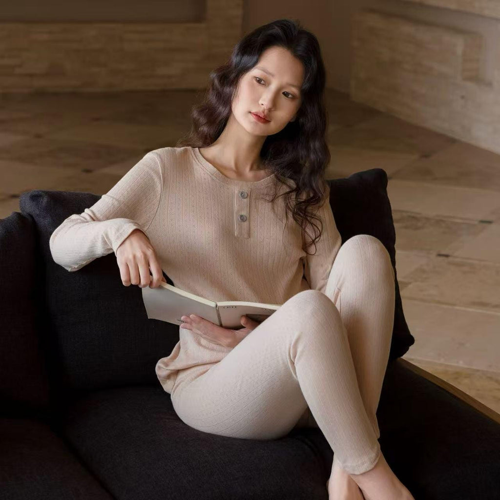 Infant Grade Cotton Thermal Pajama Base Layer | Soft Ribbed Loungewear Set | Breathable Warm Sleepwear in Rose Pink & Almond Beige