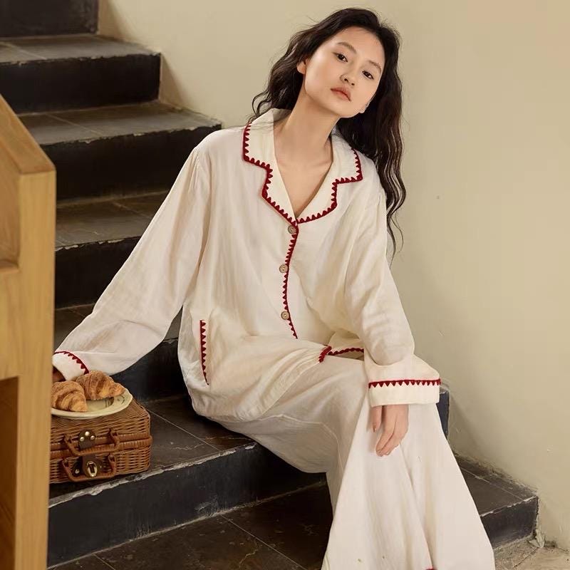 Cotton Gauze Pajama Set | Cream Loungewear with Red Trim