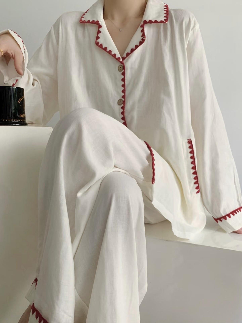 Cotton Gauze Pajama Set | Cream Loungewear with Red Trim