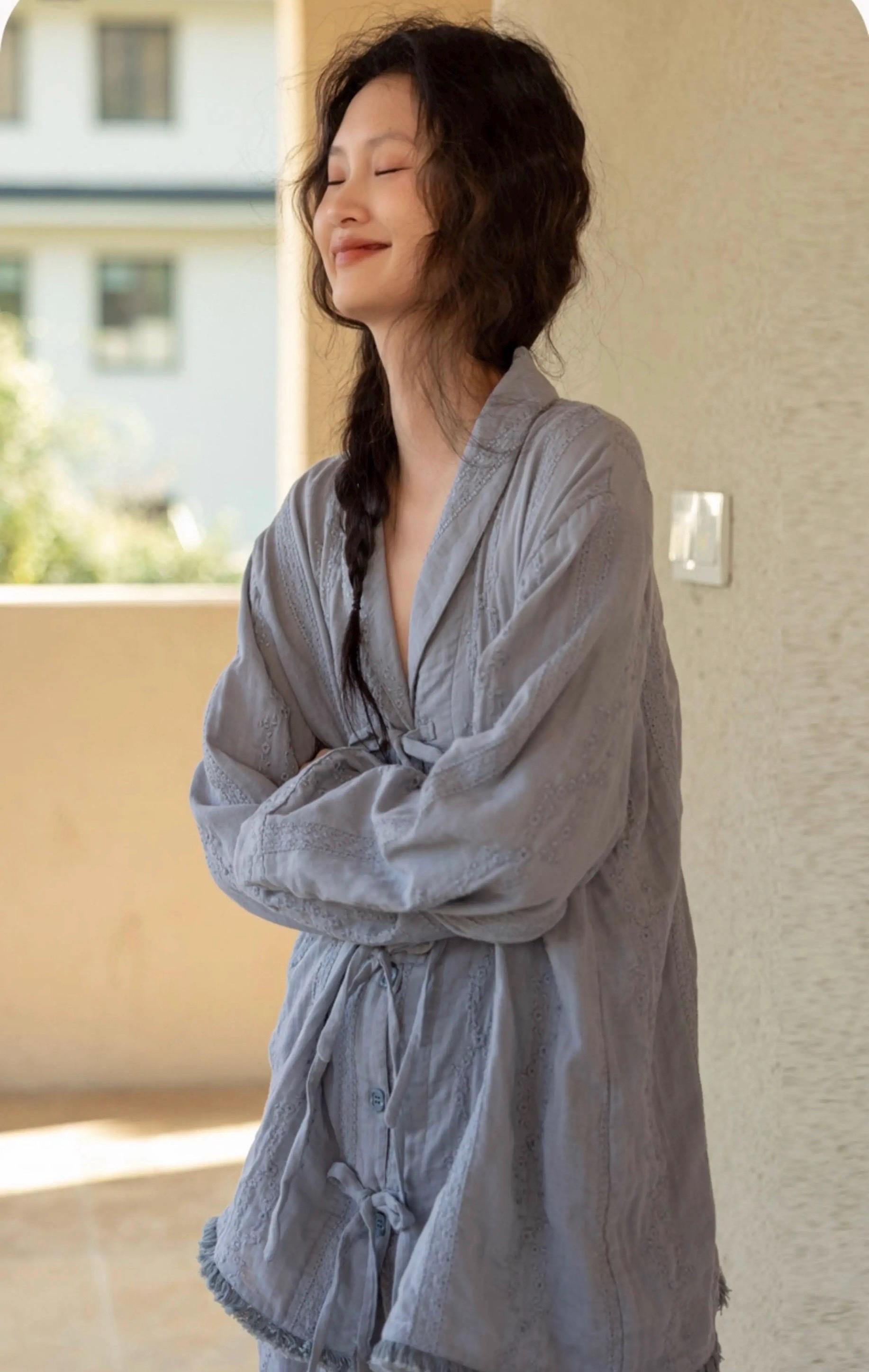 Gauze Cotton Loungewear Set: Breathable Linen-Look Pajamas，Gift-Ready Packaging