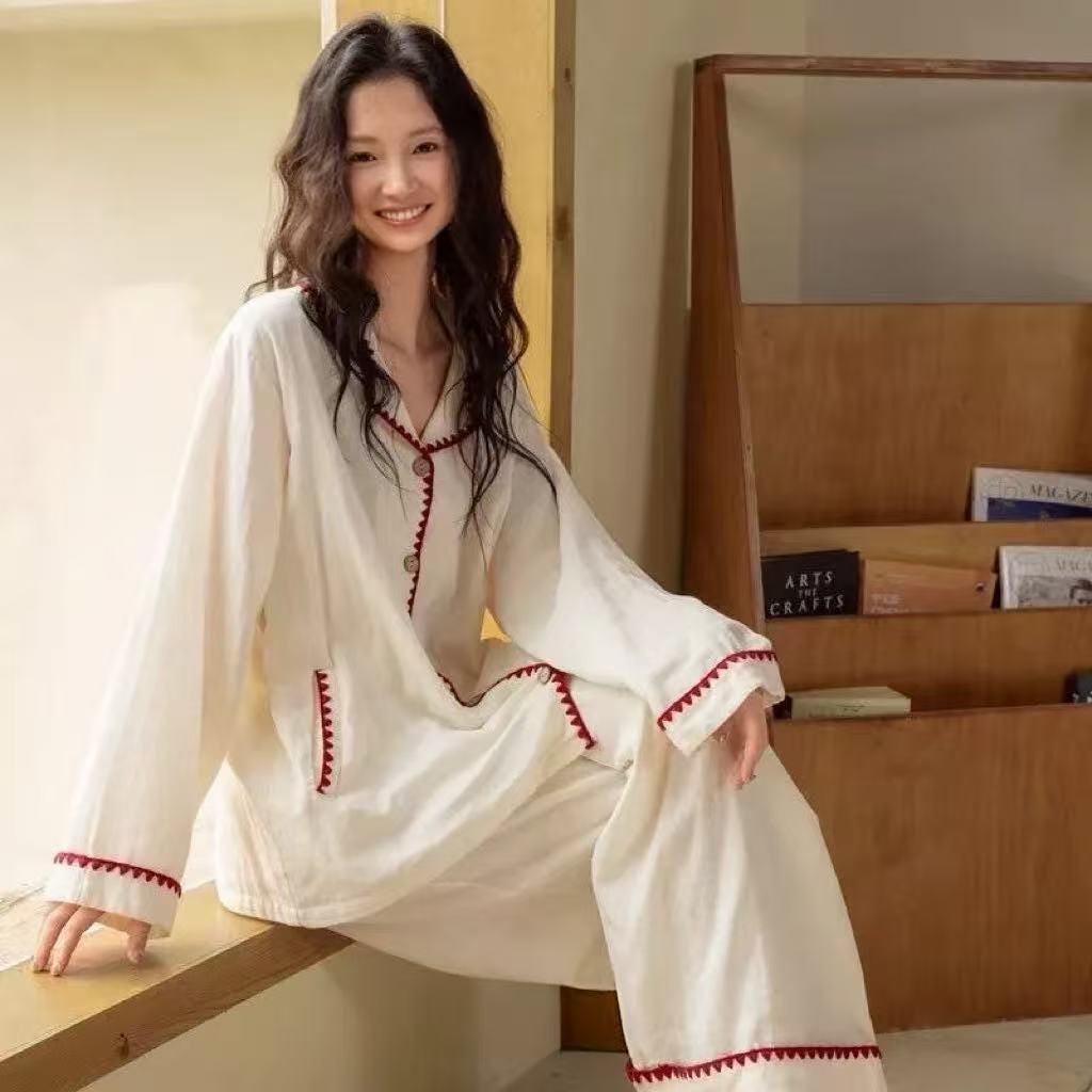 Cotton Gauze Pajama Set | Cream Loungewear with Red Trim