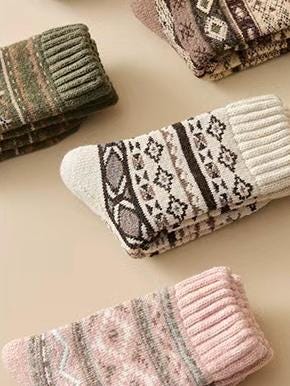 3PCS Scandinavian Fair Isle Wool Socks , Gift-Ready Box, Cozy Slipper Socks, Birthday Gift for Her