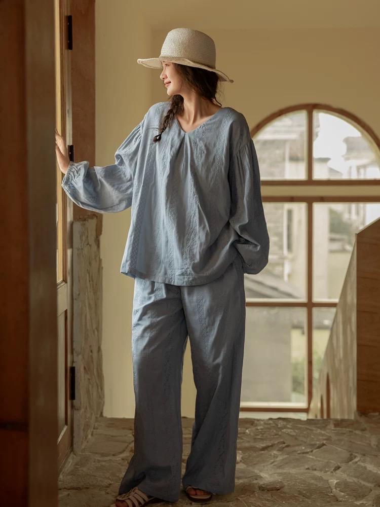 Embroidered Cotton Gauze Robe Dress and Pants Set, Breathable Linen-Feel Kaftan Loungewear