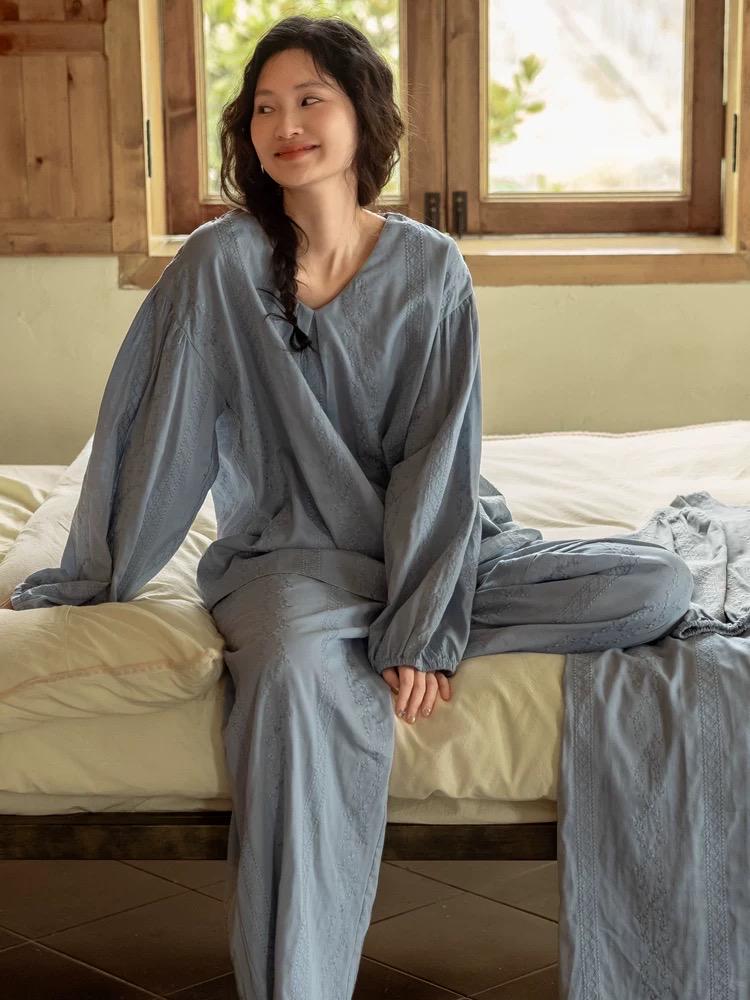 Embroidered Cotton Gauze Robe Dress and Pants Set, Breathable Linen-Feel Kaftan Loungewear