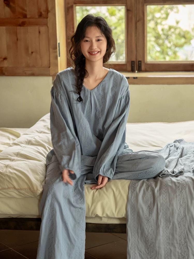 Embroidered Cotton Gauze Robe Dress and Pants Set, Breathable Linen-Feel Kaftan Loungewear