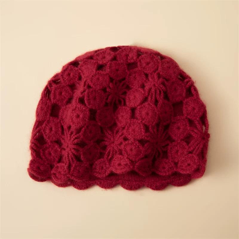 Hand Knit Cashmere-Wool Beanie for Women, Double-Layer Crochet Lace Hat, Soft Warm Winter Cap, Gift for Her, Christmas Present