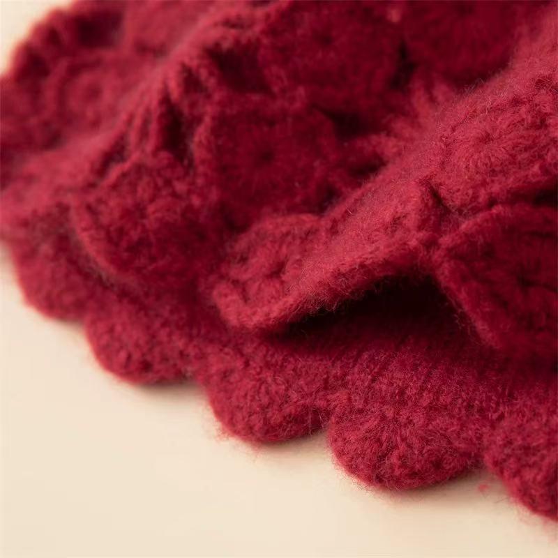 Hand Knit Cashmere-Wool Beanie for Women, Double-Layer Crochet Lace Hat, Soft Warm Winter Cap, Gift for Her, Christmas Present