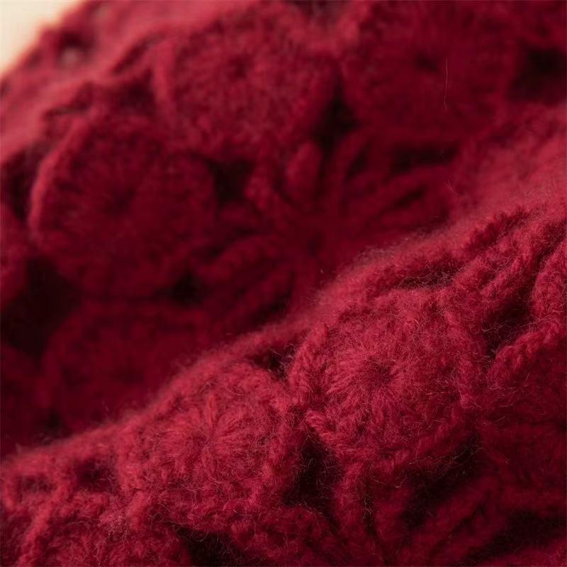 Hand Knit Cashmere-Wool Beanie for Women, Double-Layer Crochet Lace Hat, Soft Warm Winter Cap, Gift for Her, Christmas Present