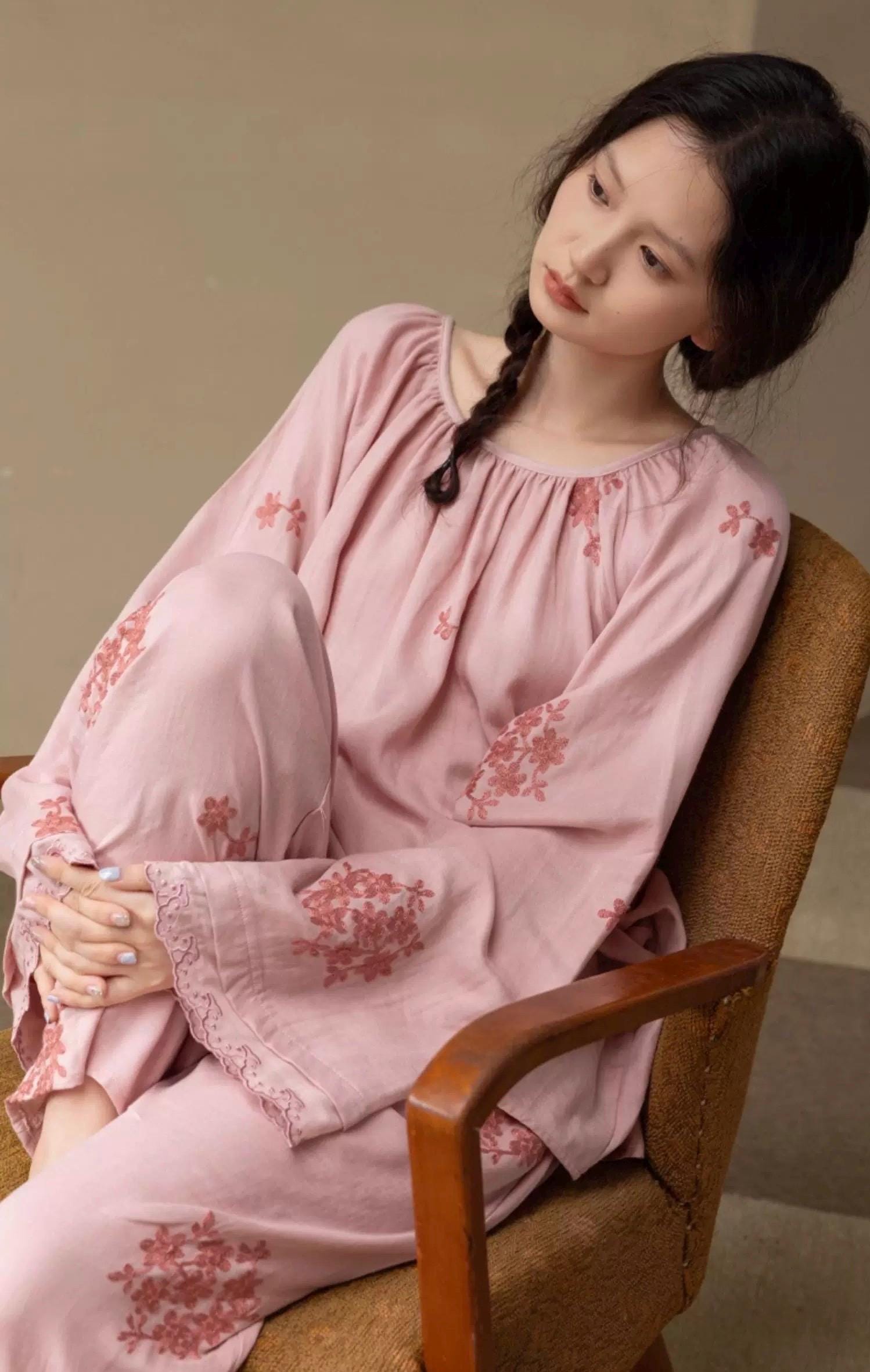 Bamboo Cotton Embroidered Loungewear Set – Sensitive-Skin Friendly Pajamas