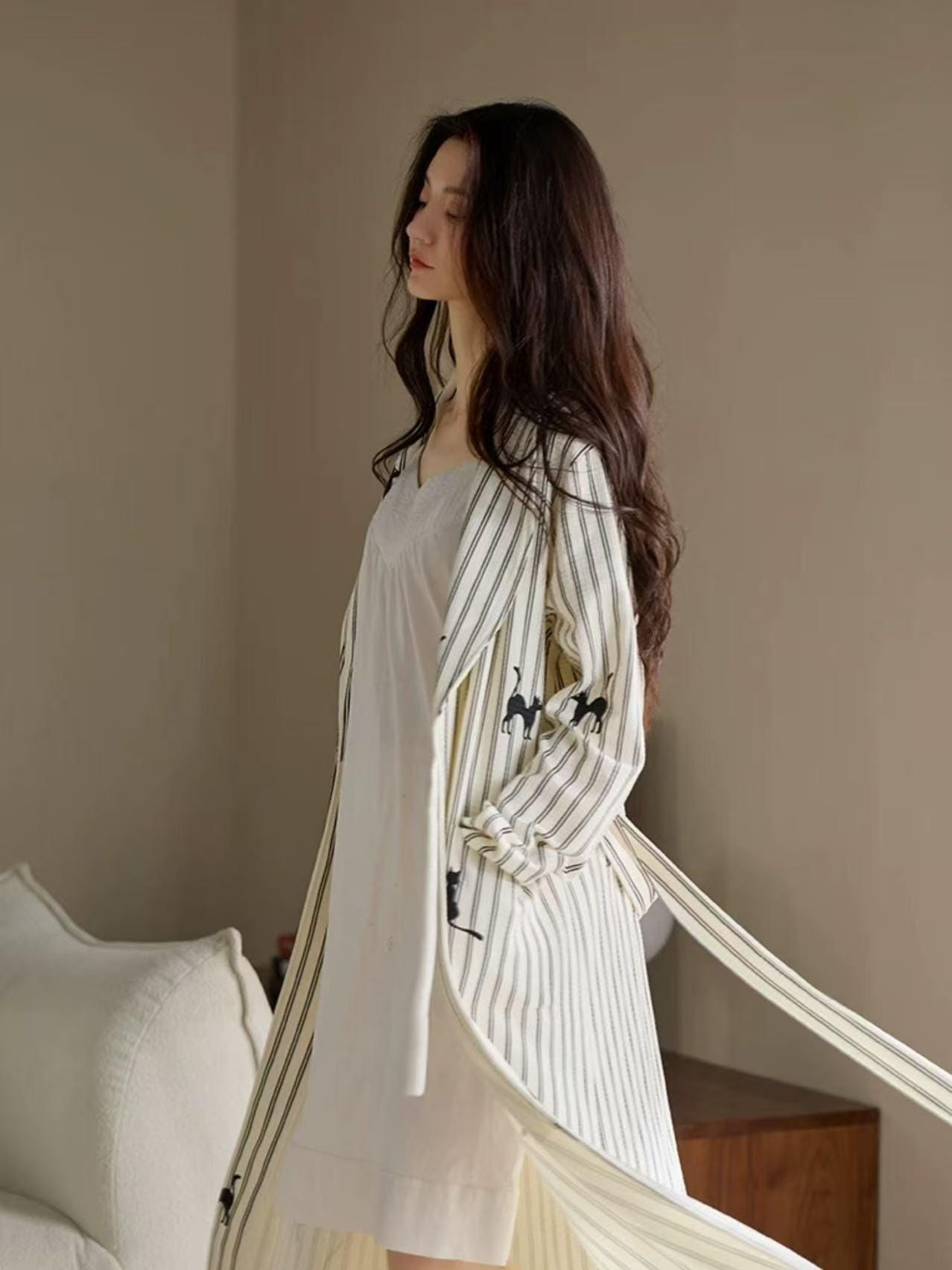 Striped Waffle Cotton Robe with Embroidered Kitten | Women’s Long Dressing Gown | Breathable Loungewear Gift for Her