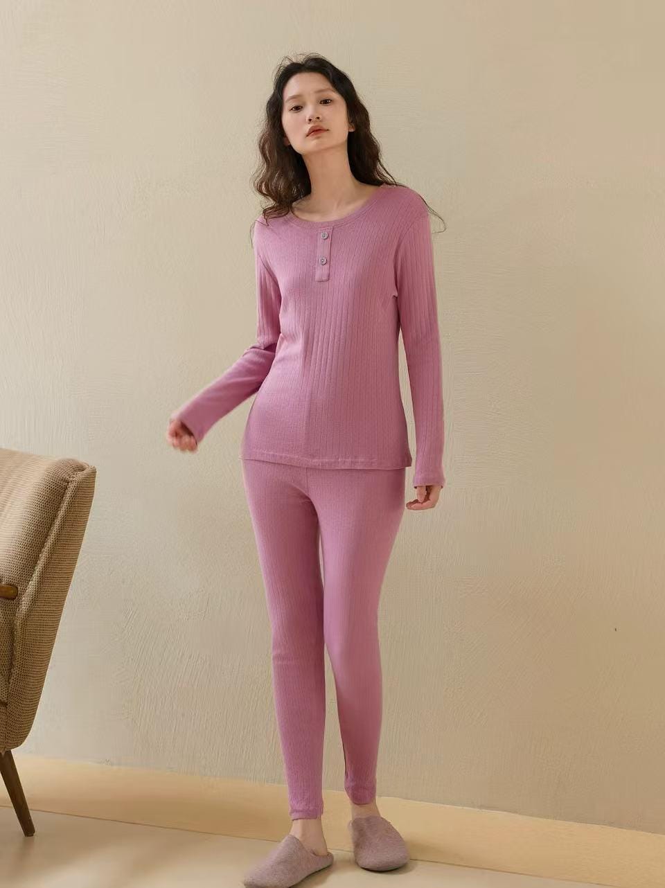 Infant Grade Cotton Thermal Pajama Base Layer | Soft Ribbed Loungewear Set | Breathable Warm Sleepwear in Rose Pink & Almond Beige