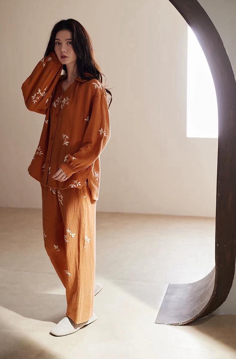 Muslin Cotton Pajama Dress or Top and Pants Set - Embroidered Loungewear Nightgown