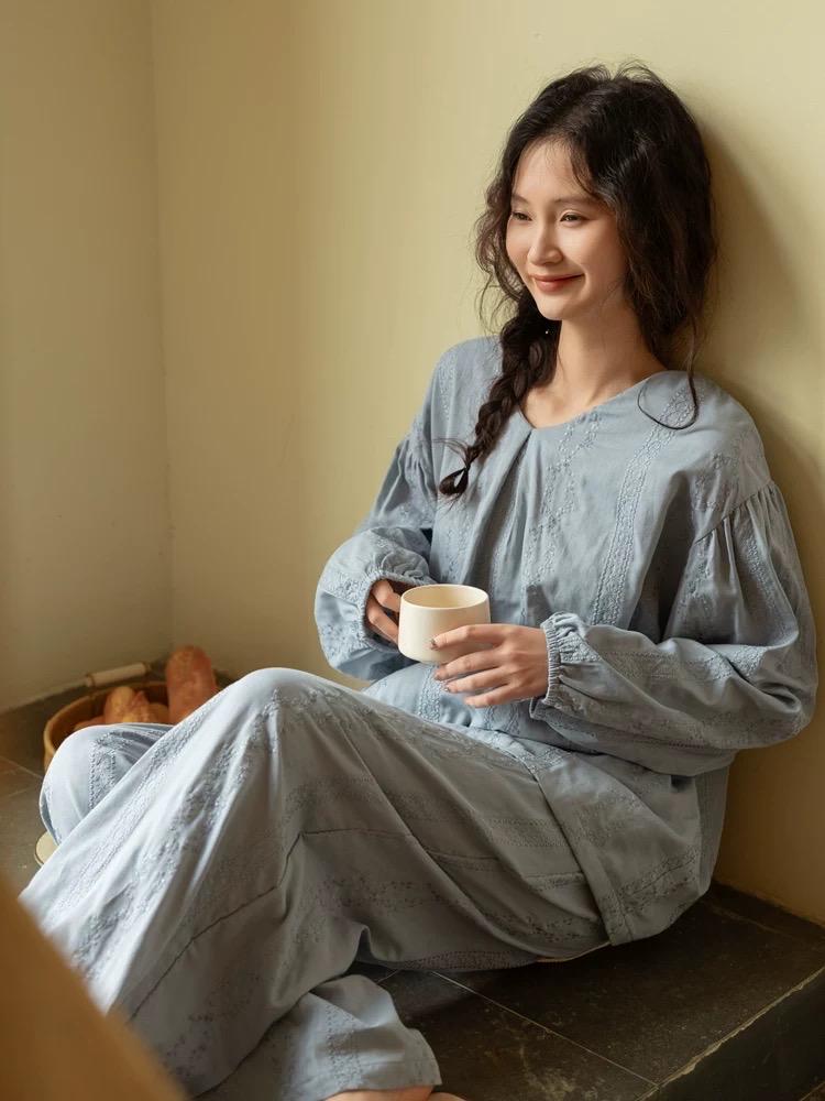 Embroidered Cotton Gauze Robe Dress and Pants Set, Breathable Linen-Feel Kaftan Loungewear