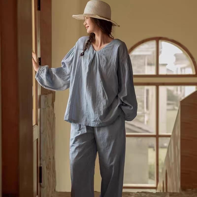 Embroidered Cotton Gauze Robe Dress and Pants Set, Breathable Linen-Feel Kaftan Loungewear