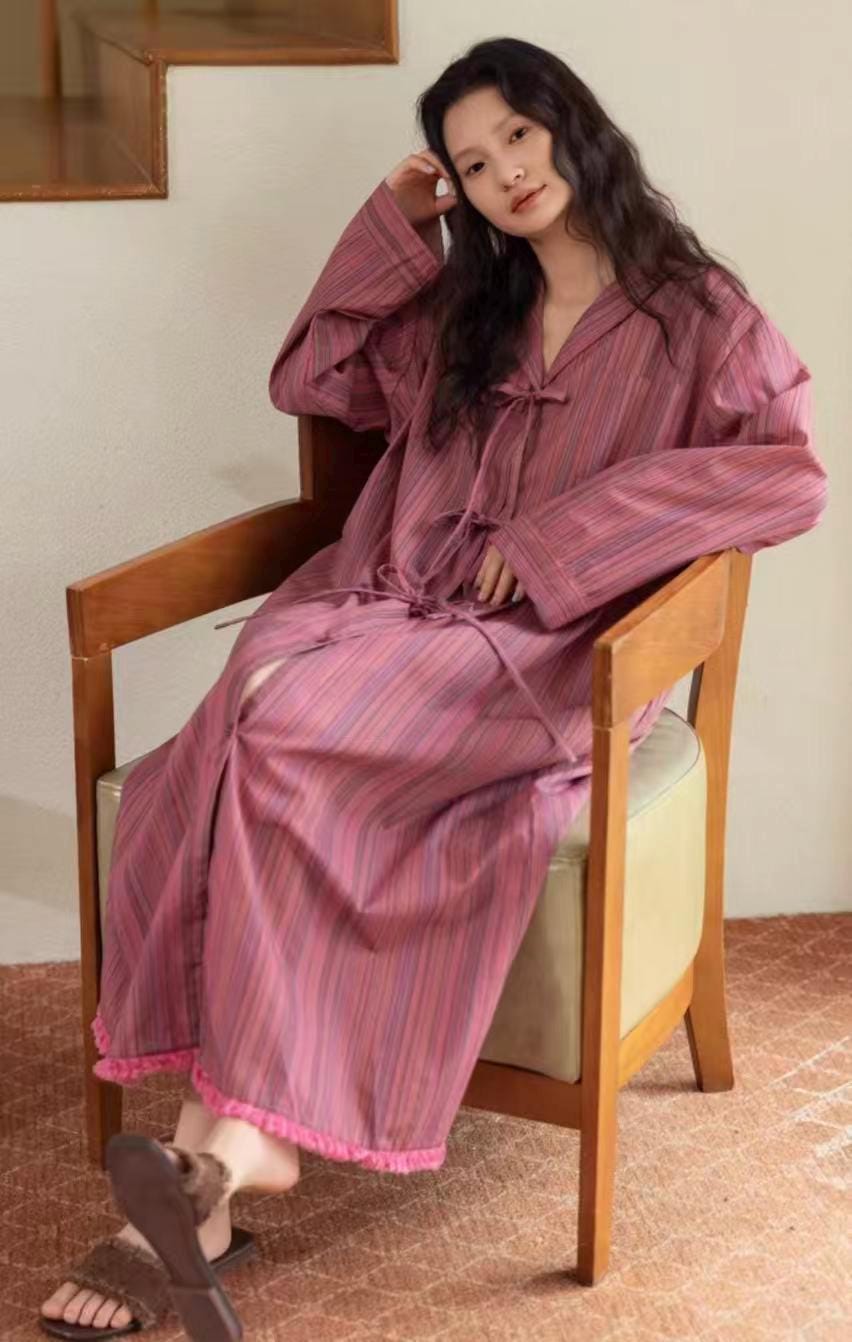 Bamboo Cotton Dressing Robe • Soft Long Loungewear• Vintage Rose Stripe Home Dress • Breathable Sleepwear with Pockets • Gift for Her