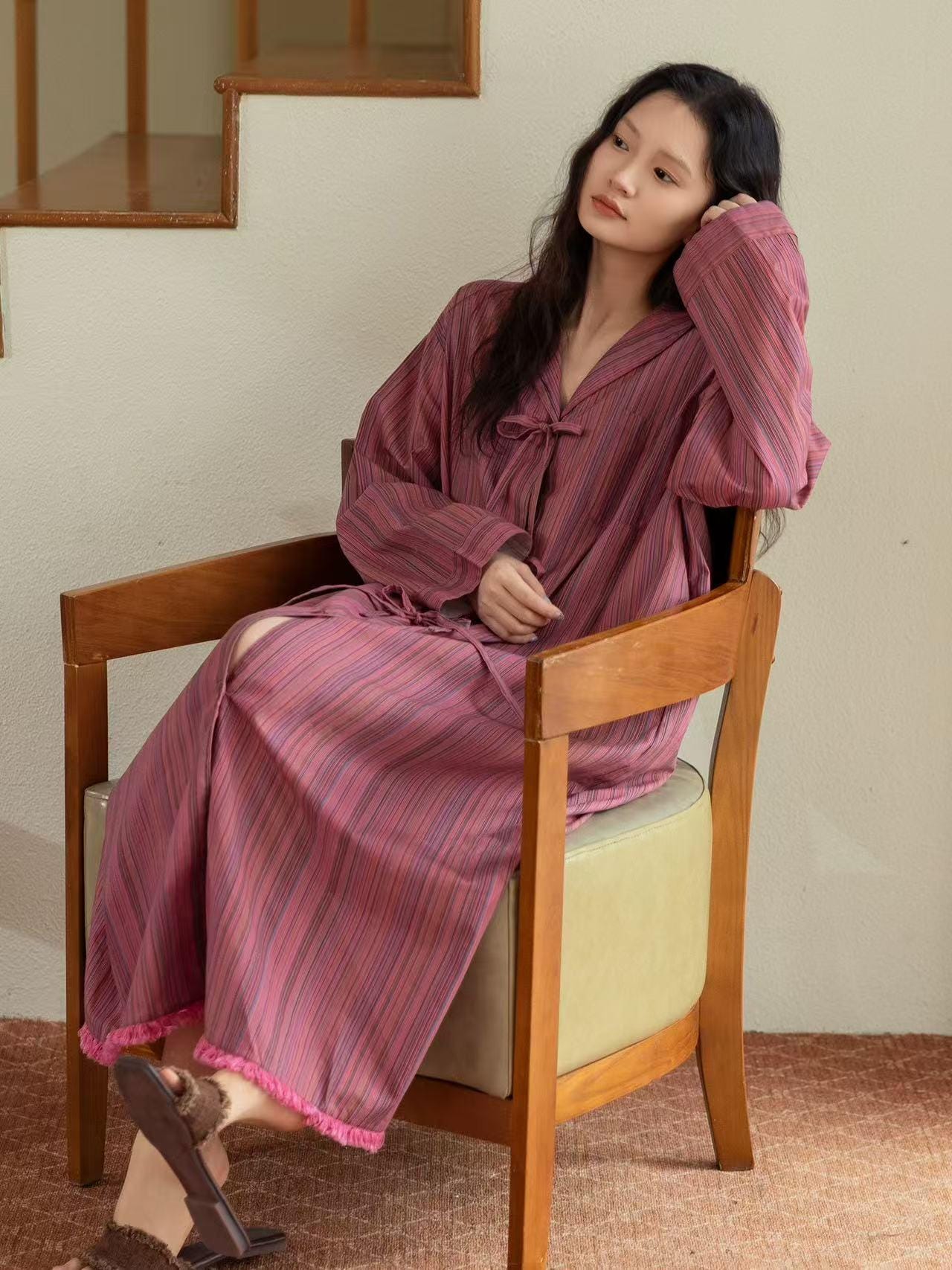 Bamboo Cotton Dressing Robe • Soft Long Loungewear• Vintage Rose Stripe Home Dress • Breathable Sleepwear with Pockets • Gift for Her