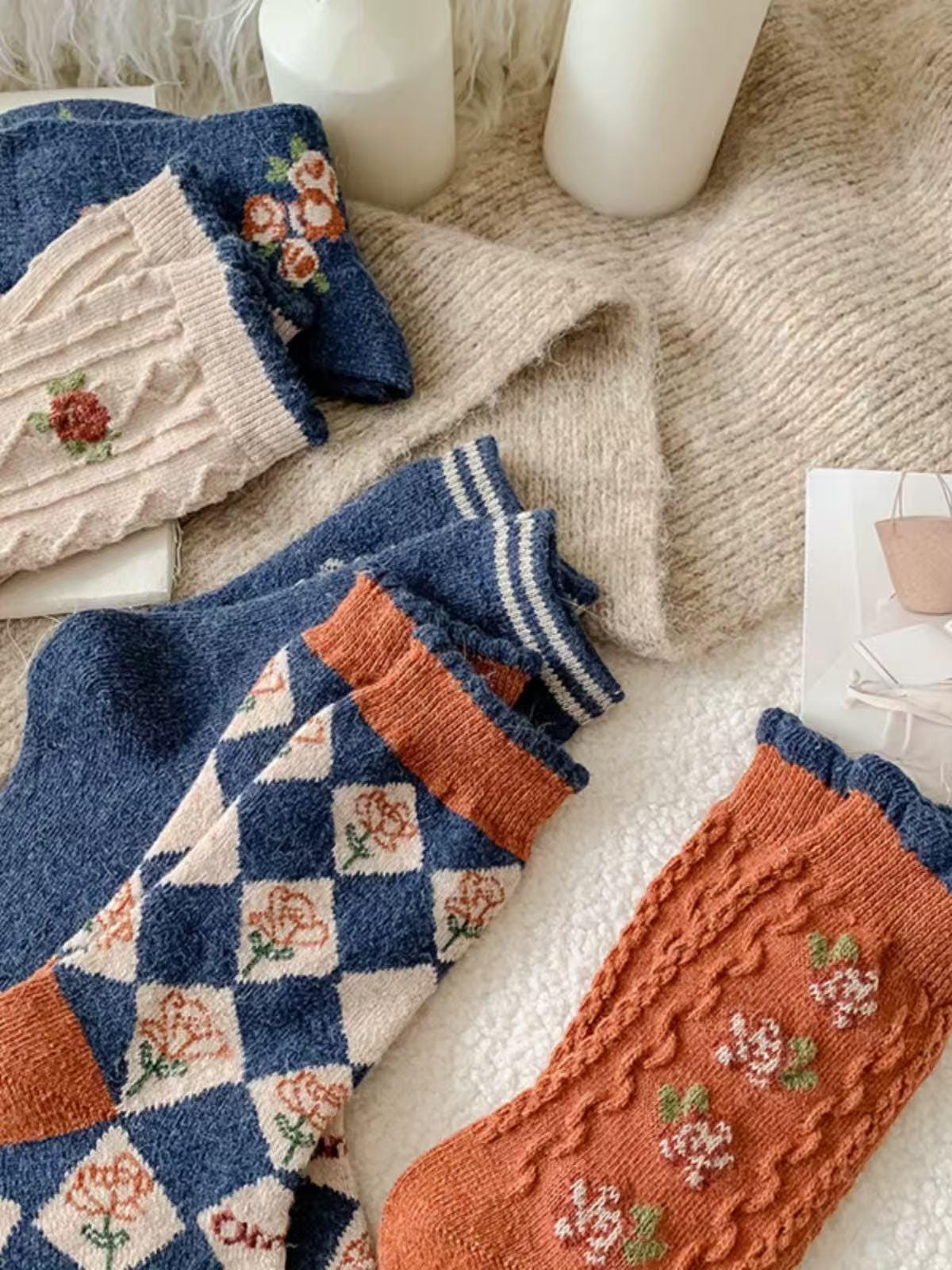 Vintage Floral Knit Wool Socks Gift Box – Cozy Winter Crew - Cotton Blend Socks