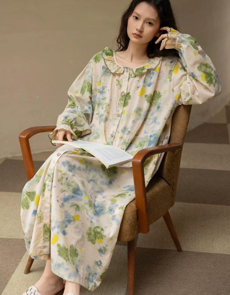 Bamboo Cotton Pajama Set | Green Tone Watercolour Floral Nightdress | Ruffle Collar Button Front | Oversized Style Loungewear