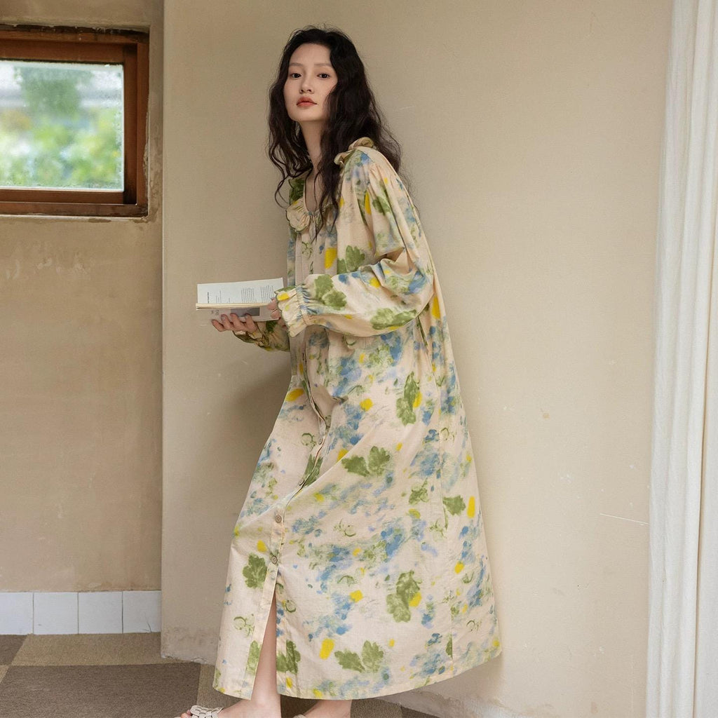 Bamboo Cotton Pajama Set | Green Tone Watercolour Floral Nightdress | Ruffle Collar Button Front | Oversized Style Loungewear