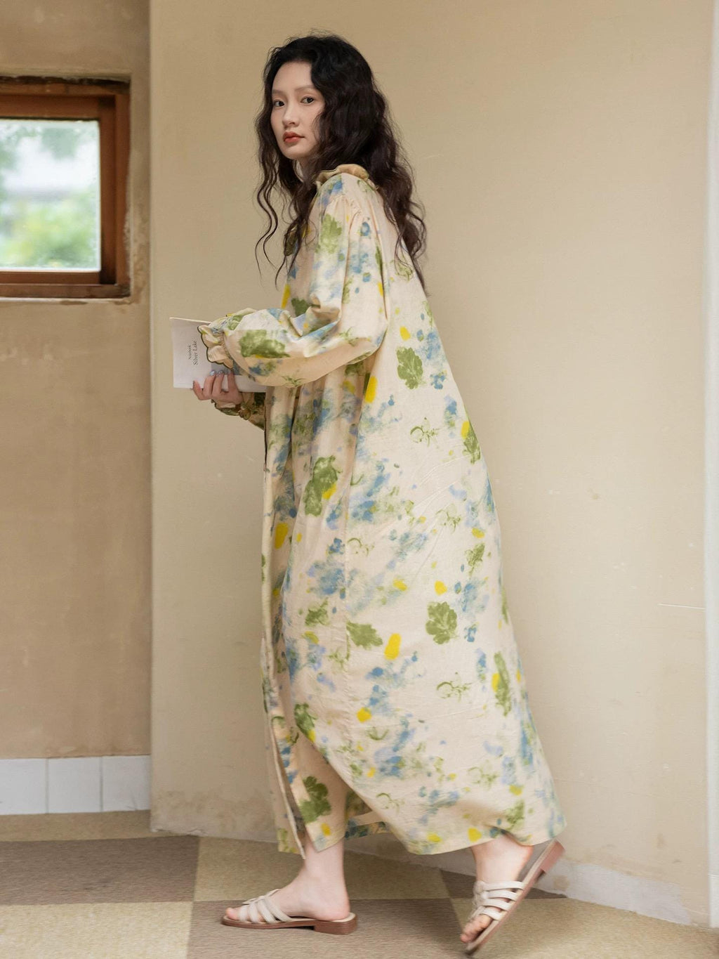 Bamboo Cotton Pajama Set | Green Tone Watercolour Floral Nightdress | Ruffle Collar Button Front | Oversized Style Loungewear