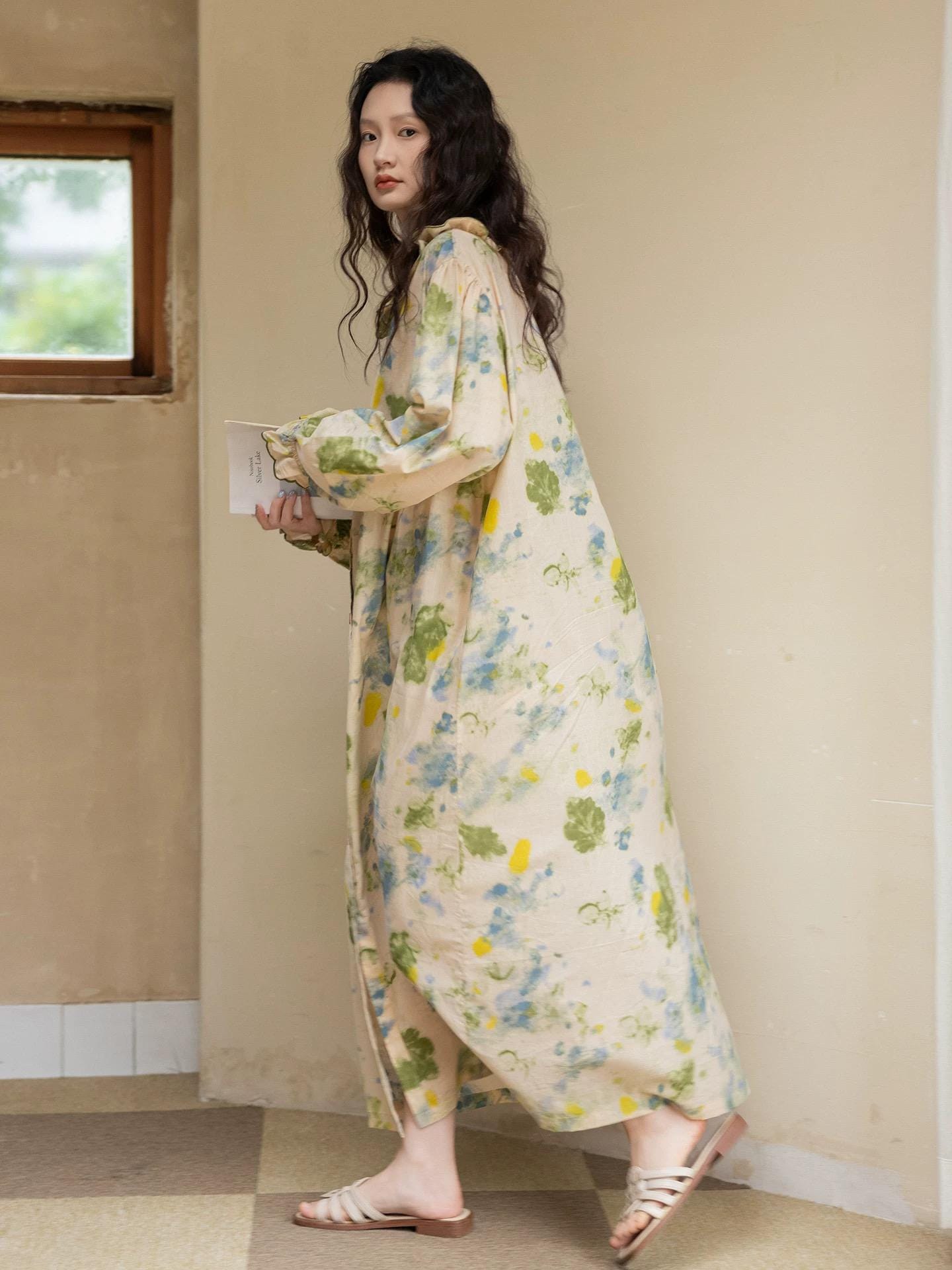 Bamboo Cotton Pajama Set | Green Tone Watercolour Floral Nightdress | Ruffle Collar Button Front | Oversized Style Loungewear