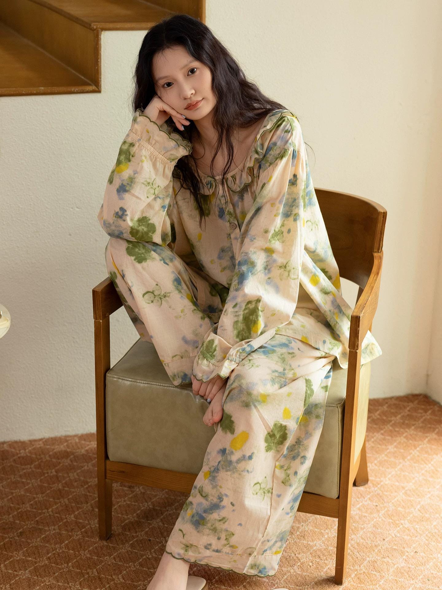 Bamboo Cotton Pajama Set | Green Tone Watercolour Floral Nightdress | Ruffle Collar Button Front | Oversized Style Loungewear