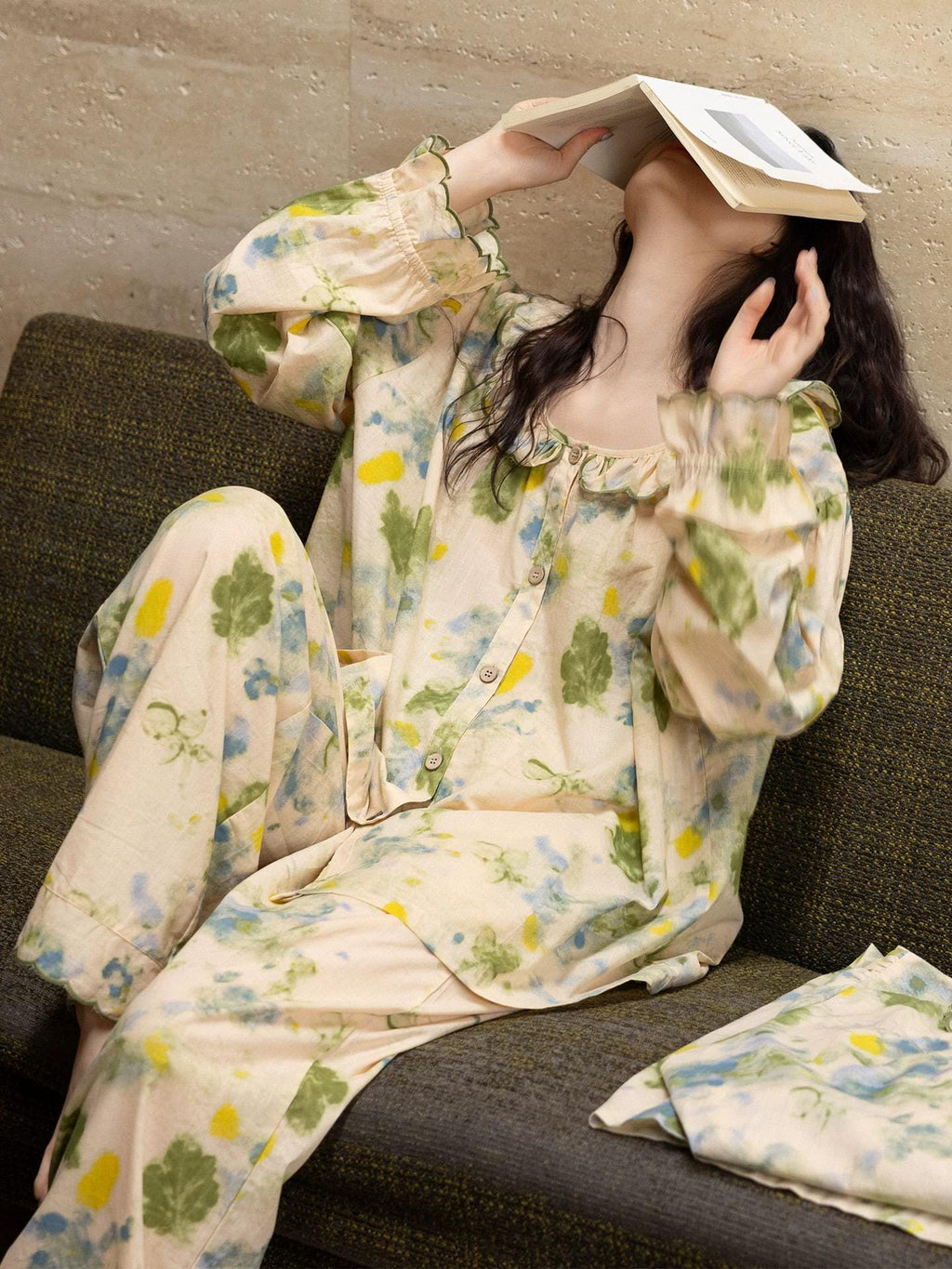 Bamboo Cotton Pajama Set | Green Tone Watercolour Floral Nightdress | Ruffle Collar Button Front | Oversized Style Loungewear