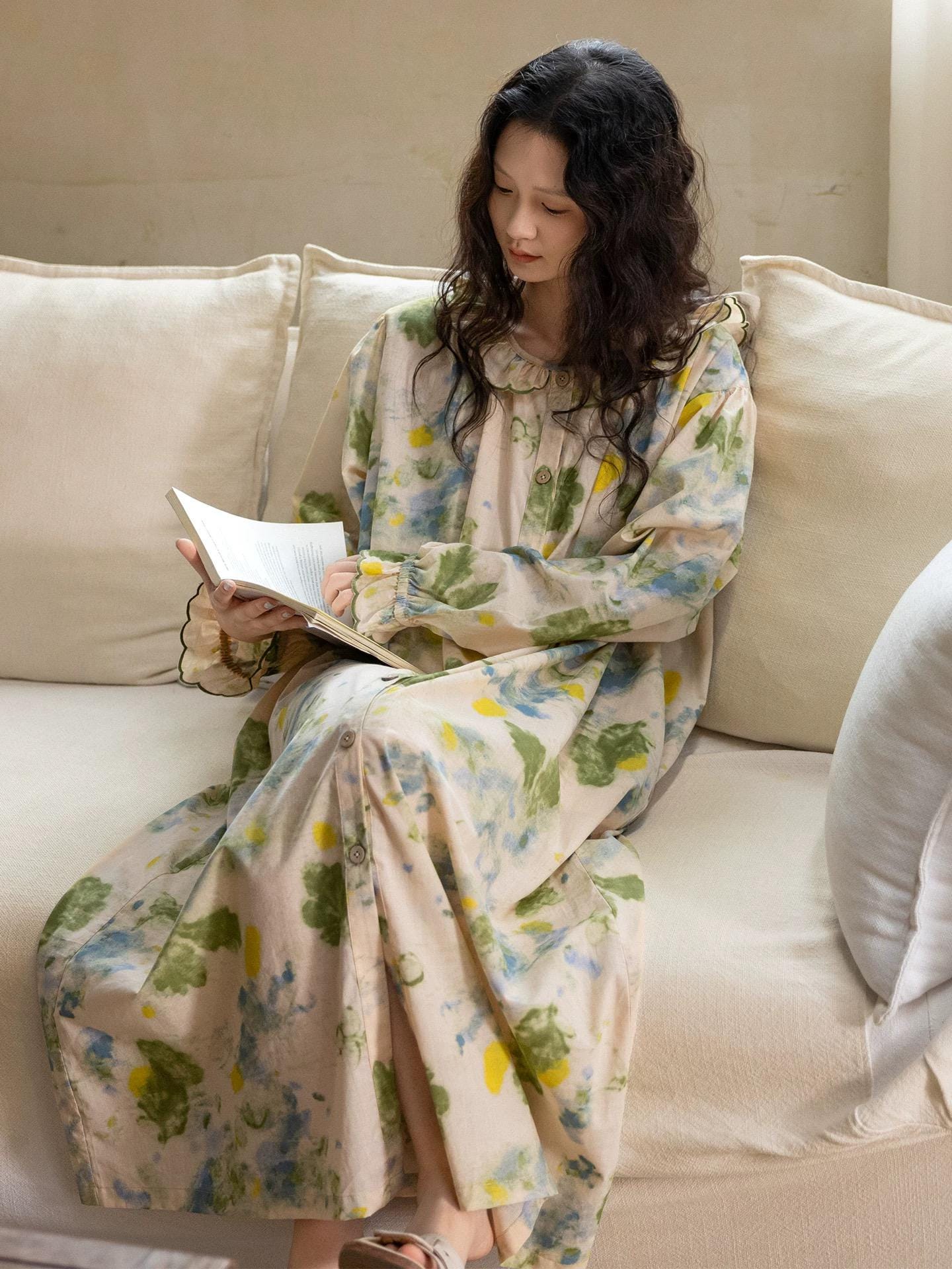 Bamboo Cotton Pajama Set | Green Tone Watercolour Floral Nightdress | Ruffle Collar Button Front | Oversized Style Loungewear