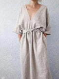 Custom Colour 100% Linen Dress | Relaxed V-Neck Maxi Dress with Adjustable Waist Tie | Made to Order Linen Loungewear | Natural Material