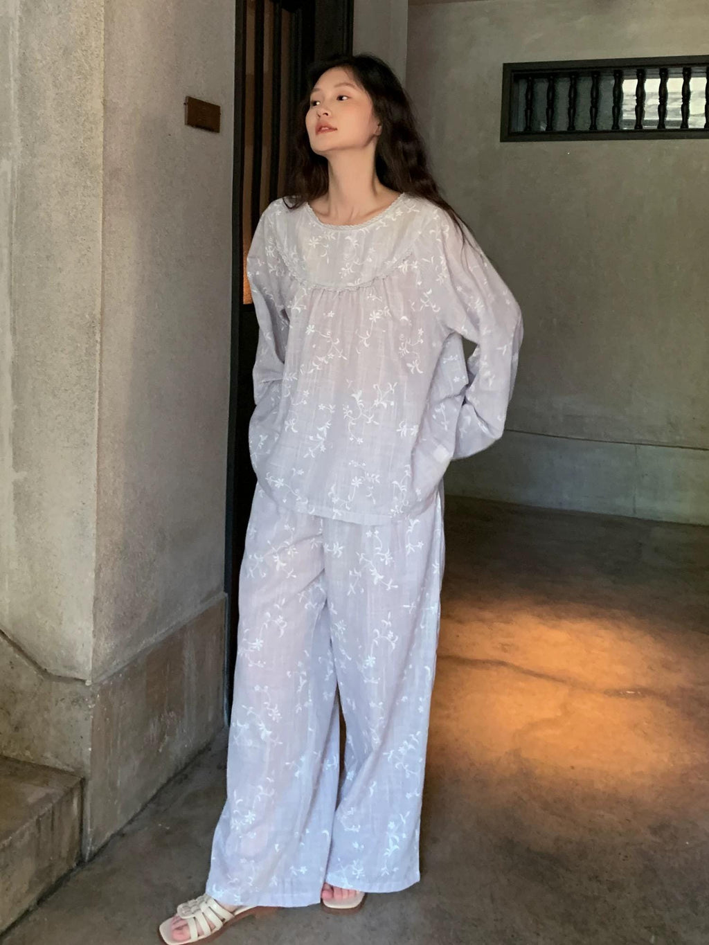 Mist Purple Gauze Cotton Pajama Set Women, Muslin Floral Sleepwear, Loose Fit Long Sleeve Lounge Set, Soft Breathable Nightwear